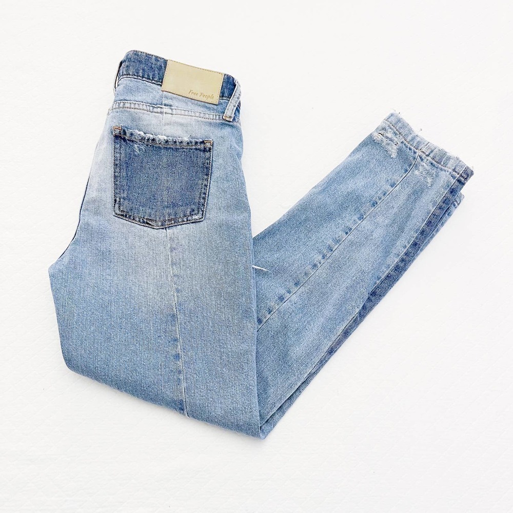 Free People Patchwork Two Tone Denim Straight Leg… - image 2